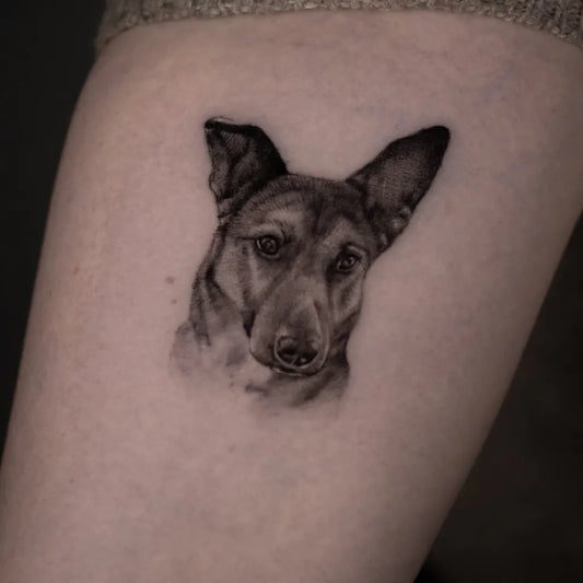 Small Black and Grey Dog Portrait Tattoo on Women Thigh by @onur.kolev