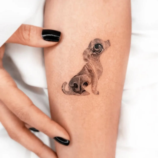 Small Black and Grey Dog Tattoo on Women Arm by @1991.ink