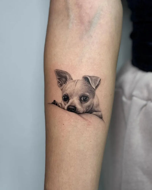 Small Black and Grey Dog Tattoo on Women Arm by @zuluagamayor