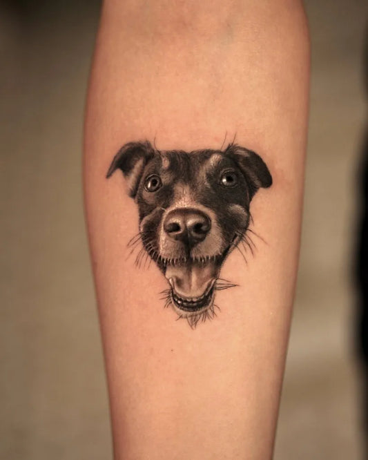 Small Black and Grey Dog Tattoo on Women Forearm by @yunusonergenc