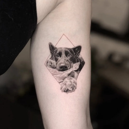 Small Black and Grey Dog in Diamond Frame Tattoo on Women Arm by @tee.tattoo