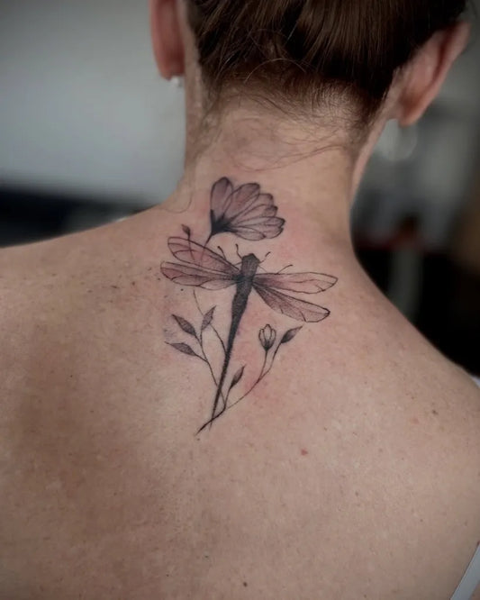 Small Black and Grey Dragonfly Flower on Women Nape Tattoo by @teczowa_kominiarka_tattoo