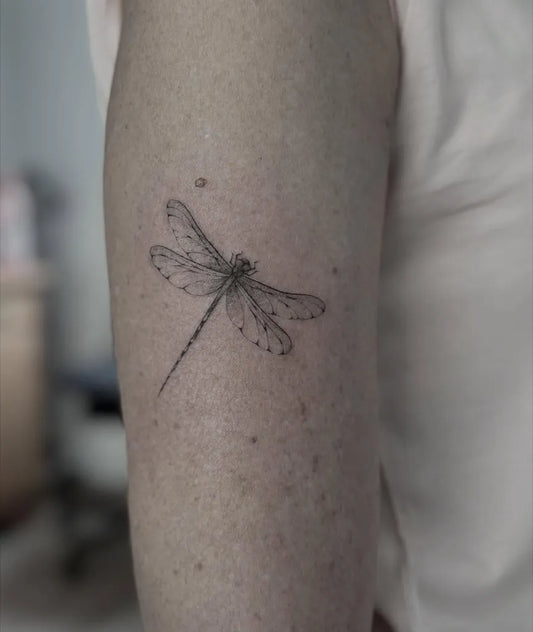 Small Black and Grey Dragonfly on Women Arm Tattoo by @ikigai.studiotattoo