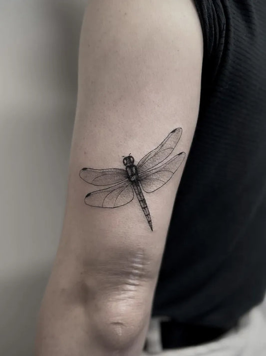 Small Black and Grey Dragonfly on Women Arm Tattoo by @thaliabottintattoo