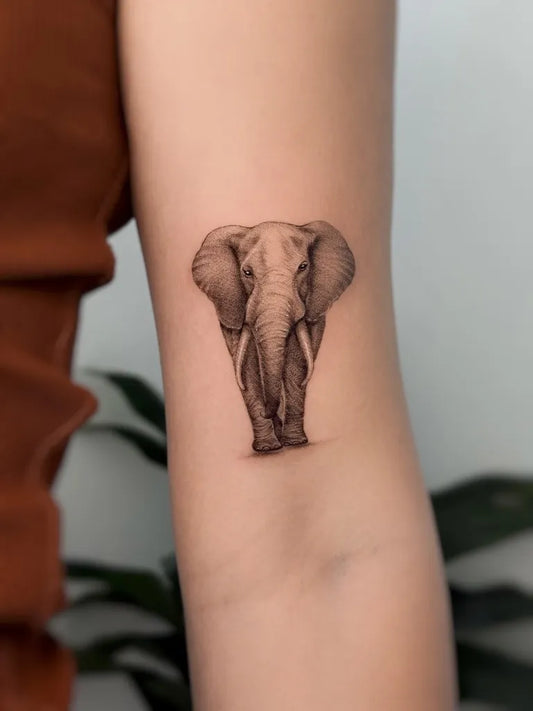 Small Black and Grey Elephant Tattoo on Women Arm by @tattoosbycarol
