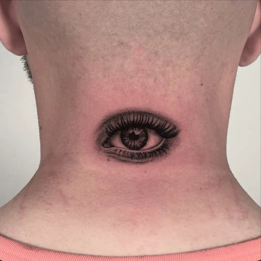 Small Black and Grey Eye on Men Neck Tattoo by @sofia_souza_art