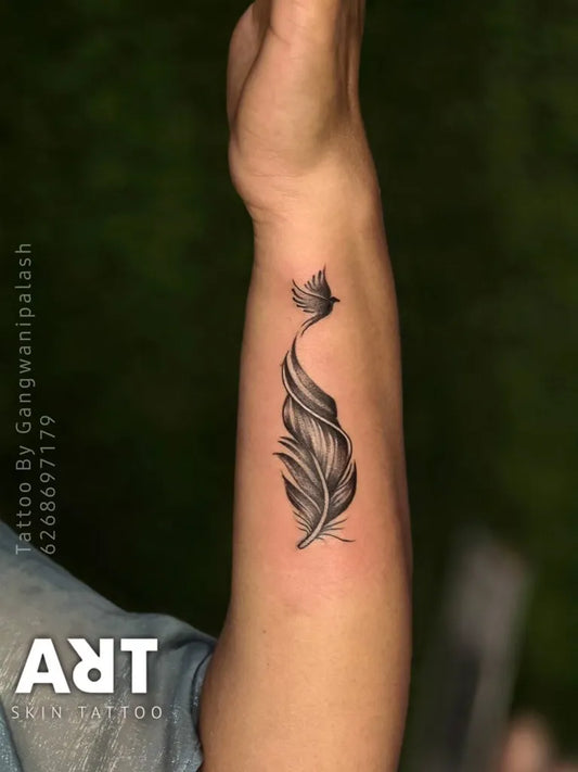 Small Black and Grey Feather Tattoo on Women Wrist by @art_skin_tattoo_india