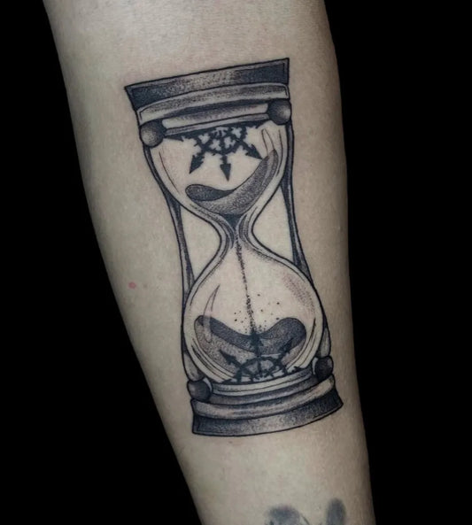 Small Black and Grey Hourglass with Starfish Tattoo on Women Arm by @sem_tattooer