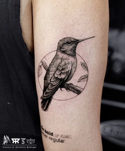 Small Black and Grey Hummingbird on Women Arm Tattoo by @geem_tattoo
