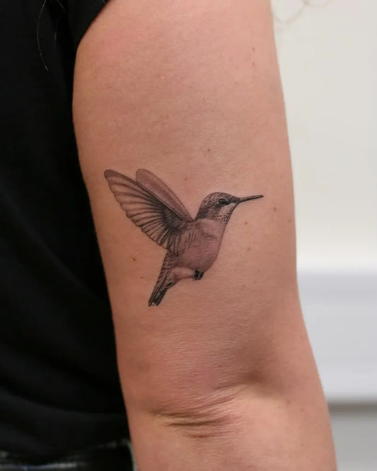 Small Black and Grey Hummingbird on Women Arm Tattoo by @kyla_rose_tattoo