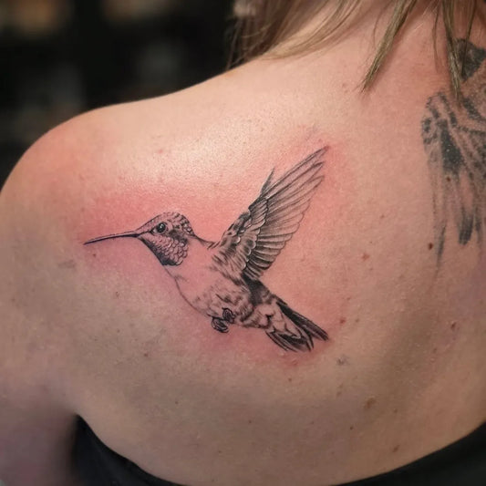 Small Black and Grey Hummingbird on Women Shoulder Tattoo by @makwa.ikwe.designs