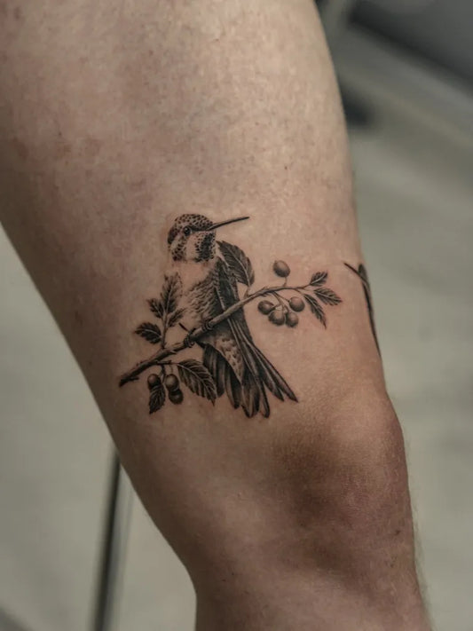 Small Black and Grey Hummingbird with Berries and Branches on Men Arm Tattoo by @paulillatats