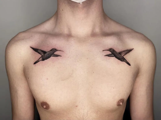 Small Black and Grey Hummingbirds on Men Chest Tattoo by @andresalcedov