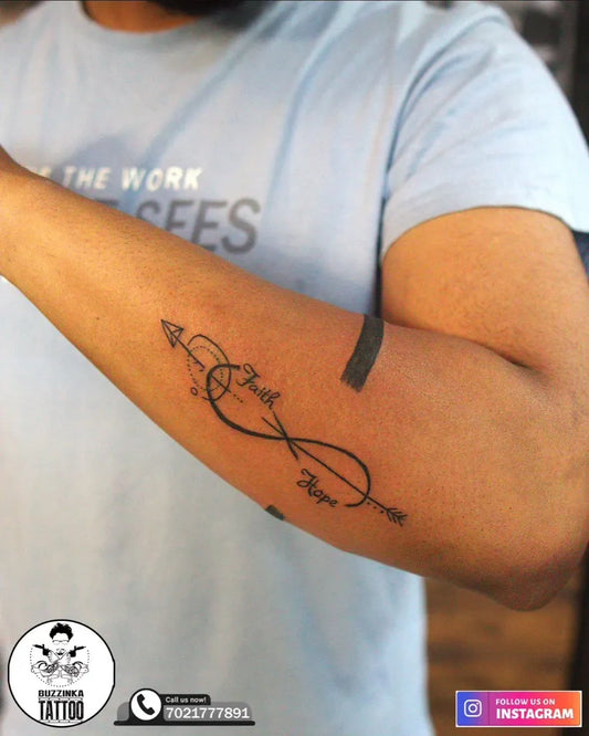 Small Black and Grey Infinity Arrow Tattoo on Men Arm by @buzzinkatattoos_mumbai