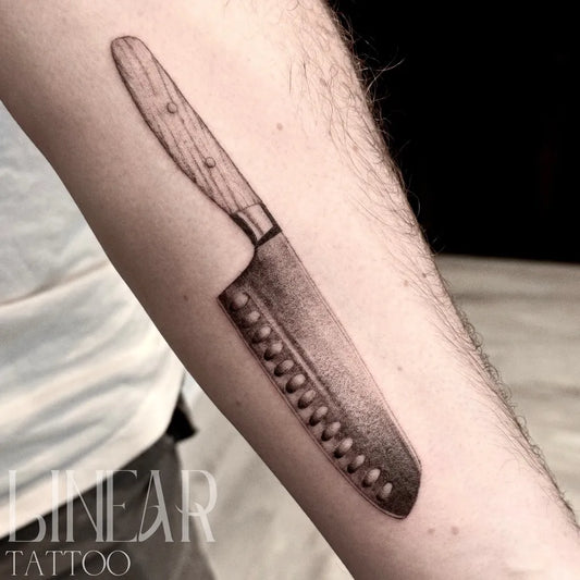 Small Black and Grey Knife Tattoo on Men Arm by @christina.lineartattoo