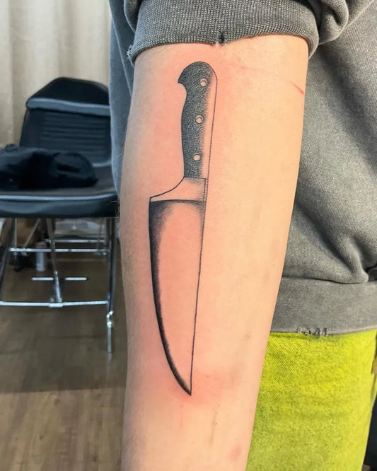 Small Black and Grey Knife Tattoo on Men Arm by @shortyytattoos