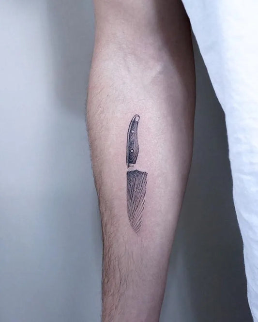 Small Black and Grey Knife Tattoo on Men Forearm by @kaleidoscopetattoostudio