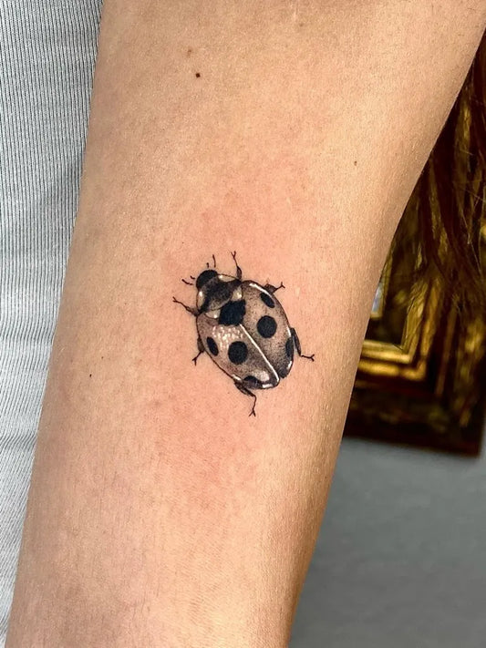 Small Black and Grey Ladybug Tattoo on Women Arm by @a.zamoraart
