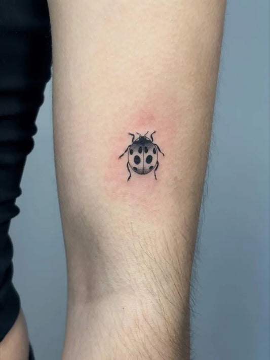 Small Black and Grey Ladybug Tattoo on Women Arm by @artrud_tattoo