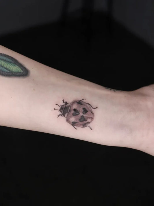Small Black and Grey Ladybug Tattoo on Women Forearm by @brillana.ink