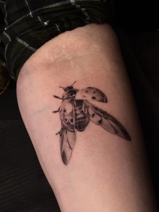 Small Black and Grey Ladybug Tattoo on Women Thigh by @hot.honey.ttt