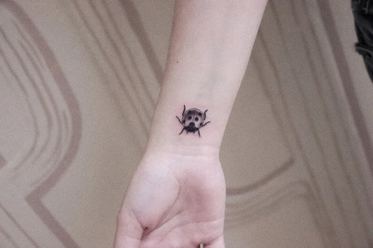 Small Black and Grey Ladybug with Spiderweb Tattoo on Women Wrist by @inkmyth_tattoo