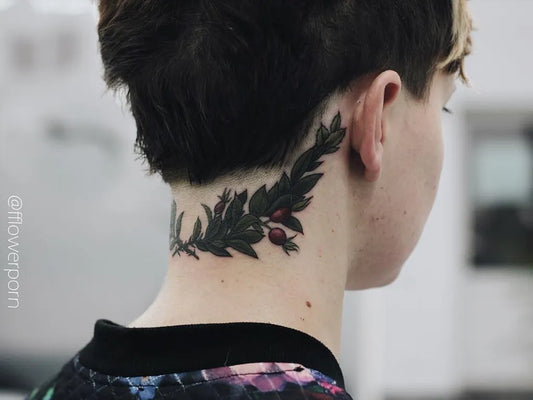 Small Black and Grey Laurel Wreath with Berries Tattoo on Women Neck by @fflowerporn