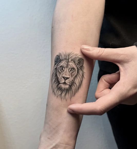 Small Black and Grey Lion Head Women Forearm by @efiartist