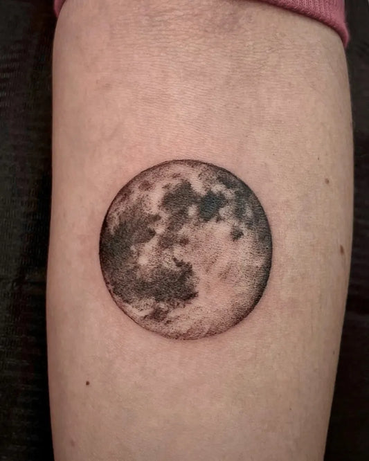 Small Black and Grey Moon Tattoo on Women Arm by @lunar.tatt