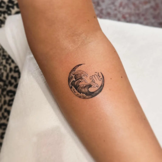 Small Black and Grey Moon and Cat Tattoo on Women Arm by @abievetattoo