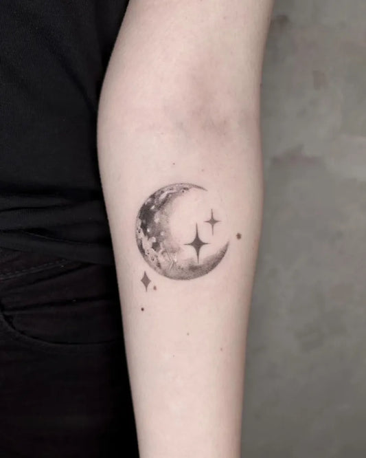 Small Black and Grey Moon and Stars Tattoo on Women Arm by @handinhandtattoo_bp