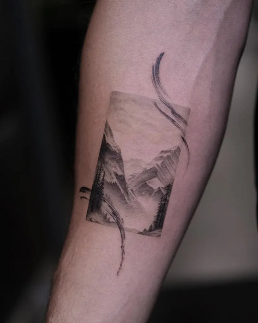 Small Black and Grey Mountain Landscape Tattoo on Men Forearm by @stateofmindink