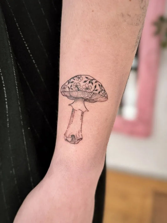 Small Black and Grey Mushroom on Women Forearm Tattoo by @pixeldust.tattoo