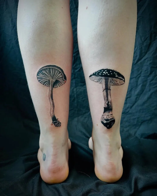 Small Black and Grey Mushroom on Women Leg Tattoo by @ash._tattoos