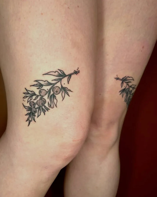 Small Black and Grey Olive Branch Tattoo on Women Knee by @babe.like.the.pig