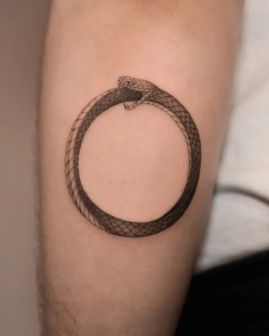 Small Black and Grey Ouroboros Tattoo on Men Arm by @uno.tat