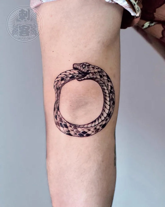 Small Black and Grey Ouroboros Tattoo on Women Arm by @assassin_tattoo_nyc