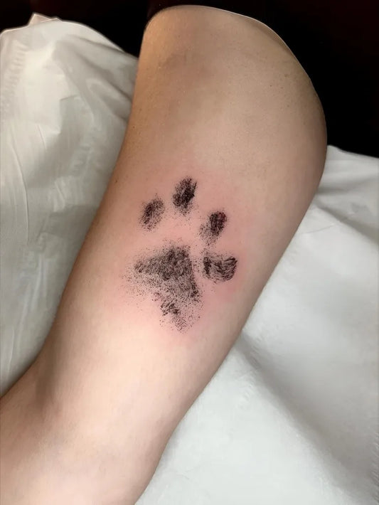 Small Black and Grey Paw Print Tattoo on Women Arm by @asj.tattoos