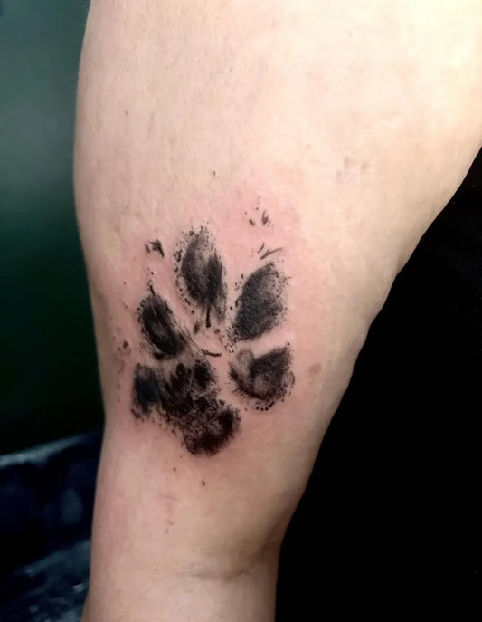 Small Black and Grey Paw Print Tattoo on Women Arm by @loveandink_inskin