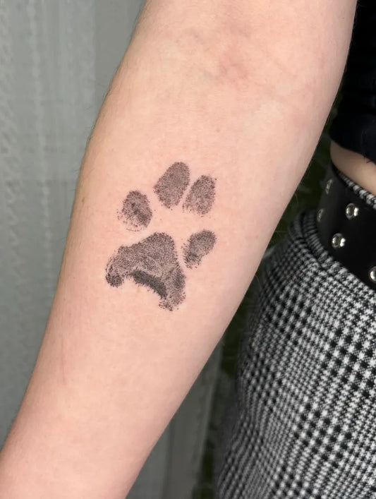 Small Black and Grey Paw Print Tattoo on Women Arm by @maggie.ctattoos