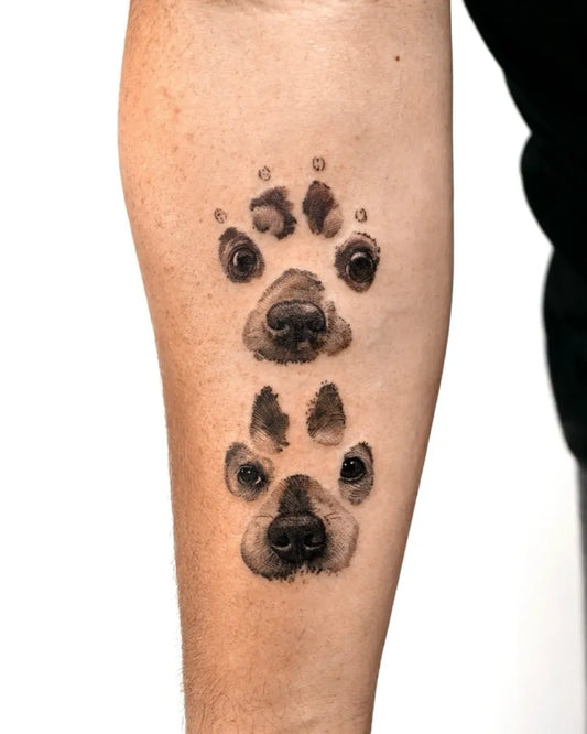 Small Black and Grey Paw Print and Dog Nose Tattoo on Men Forearm by @tattooist_kimria