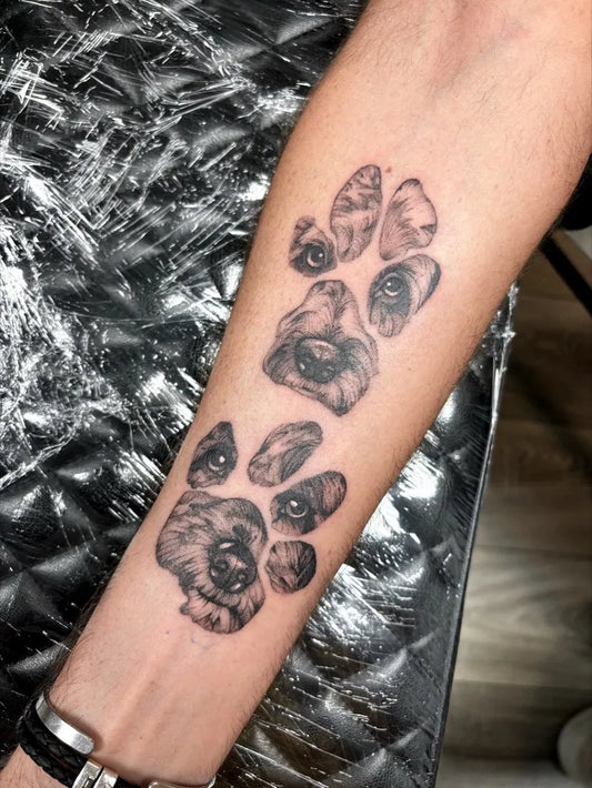 Small Black and Grey Paw Prints Tattoo on Women Forearm by @inky_tats