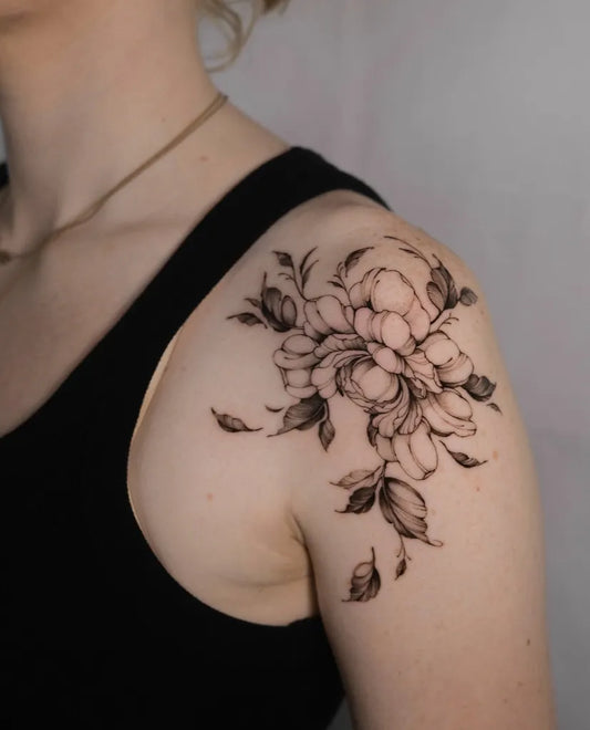 Small Black and Grey Peony and Leaves on Women Shoulder Tattoo by @blair_ding
