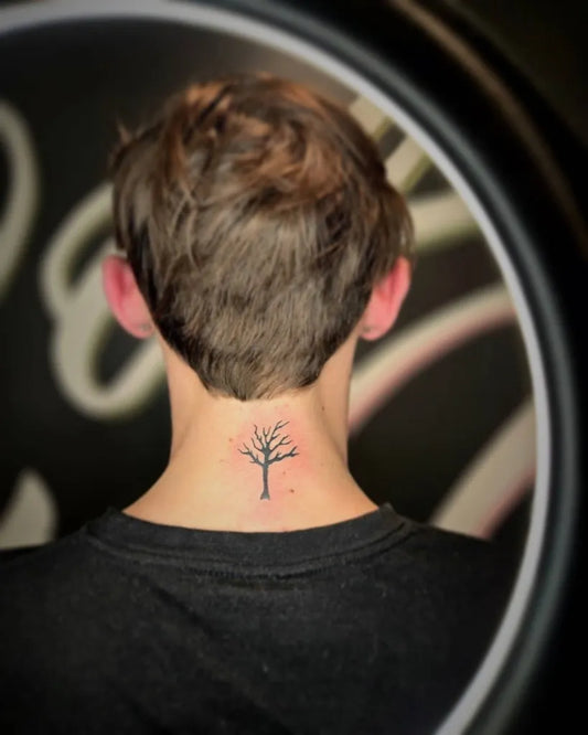 Small Black and Grey Poison Tree on Men Neck Tattoo by @guided_tattoo