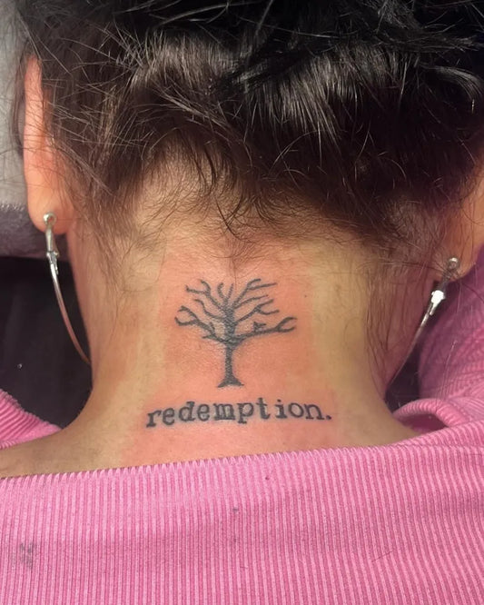 Small Black and Grey Poison Tree with Redemption on Women Neck Tattoo by @_drezly