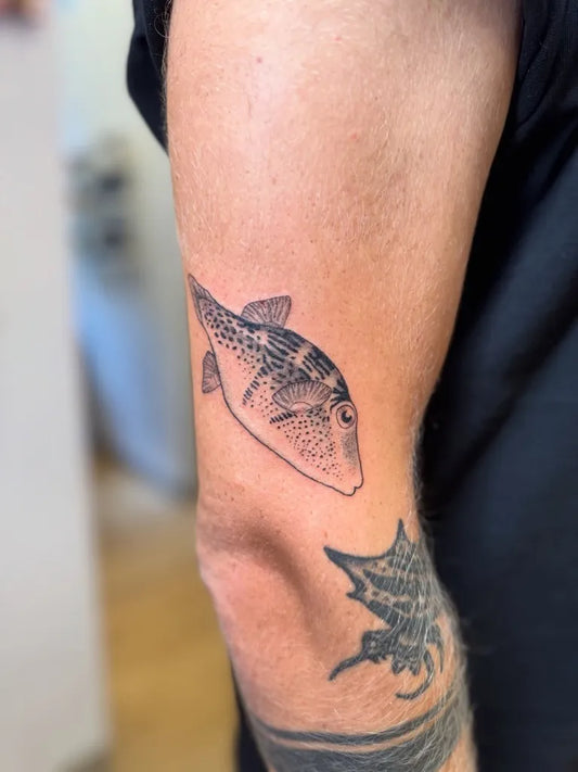 Small Black and Grey Pufferfish Tattoo on Men Arm by @bigbev_ink