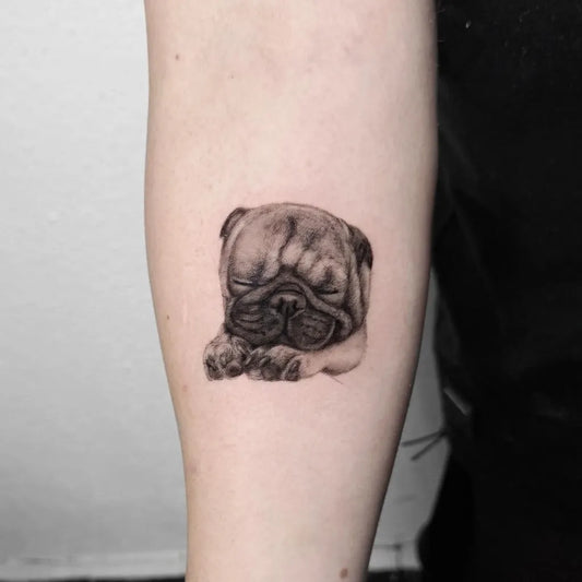 Small Black and Grey Pug Dog Tattoo on Women Arm by @rayando.gente
