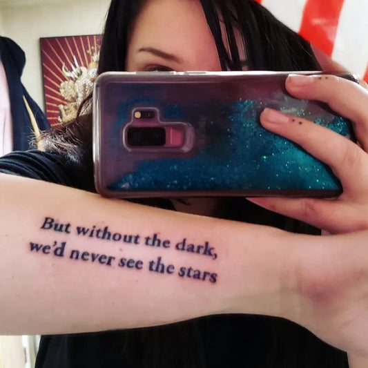 Small Black and Grey Quote Tattoo on Women Forearm by @skys.innercircle