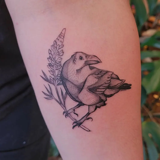 Small Black and Grey Raven and Lupine Women Arm by @cygnitattoo