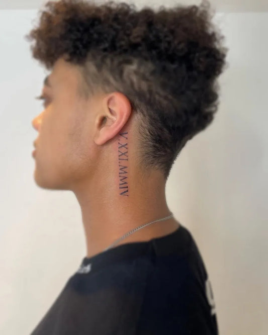 Small Black and Grey Roman Numerals Tattoo on Men Behind the Ear by @inkbaby.ig